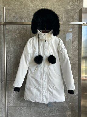 Moose Knuckles White Fur Hood Mid Length Parka Down Coat
